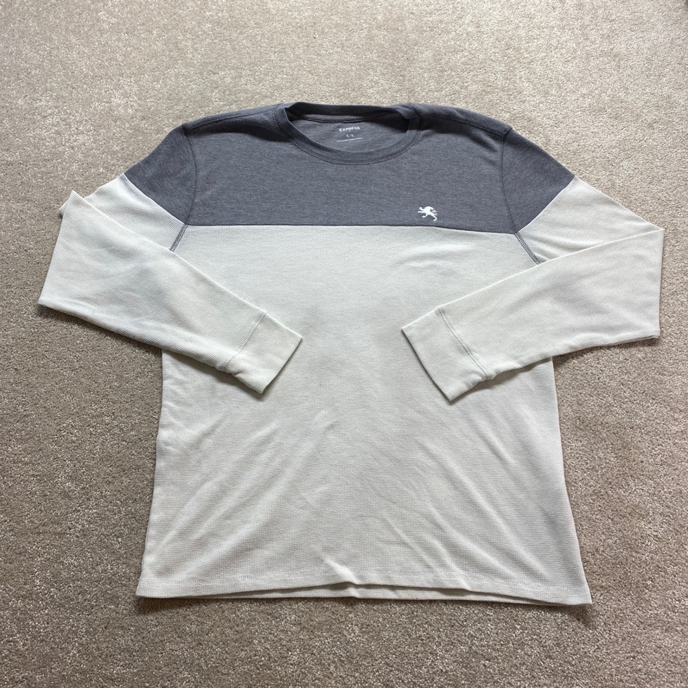 Express Thermal Shirt Mens XL Gray Cream Colorblock Long Sleeve Waffle Knit Lion